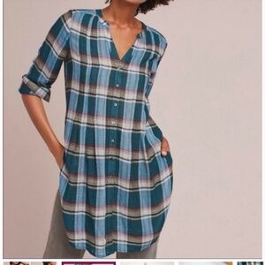 NWT Anthropologie Akemi + Kin Tunic Wool Blend Top Long Length Button Plaid Sz L